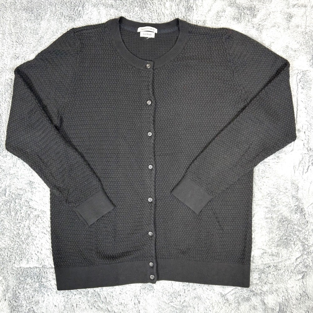LL Bean Supima Cotton Cardigan Sweater Black Textured Crew Neck 500453 Womens